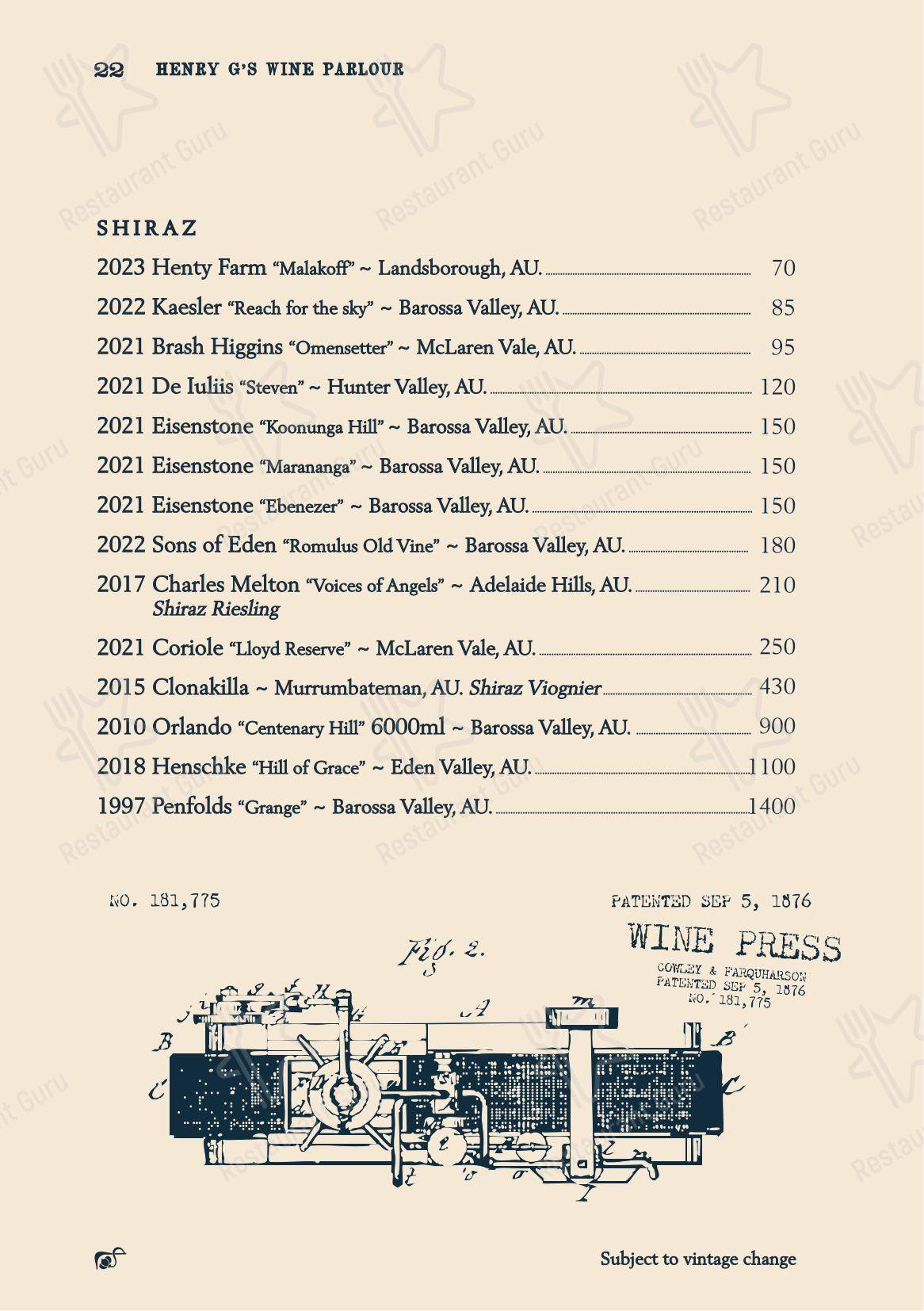 Меню паба и бара Henry G's Wine Parlour - Детское
