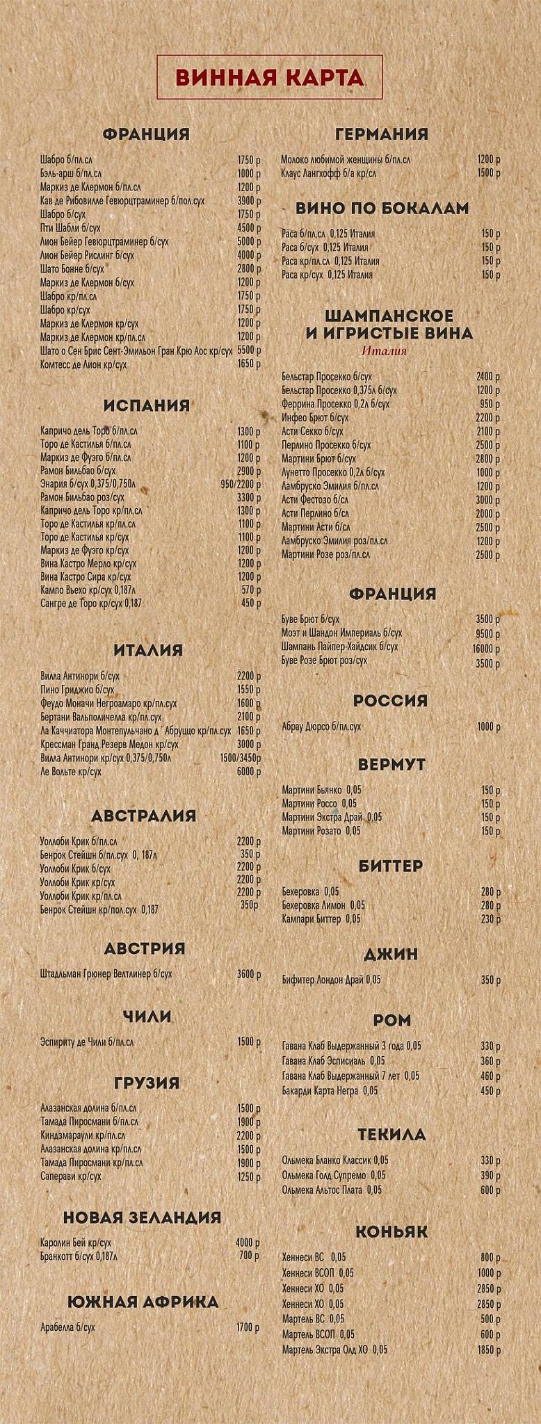 Hofbrau меню