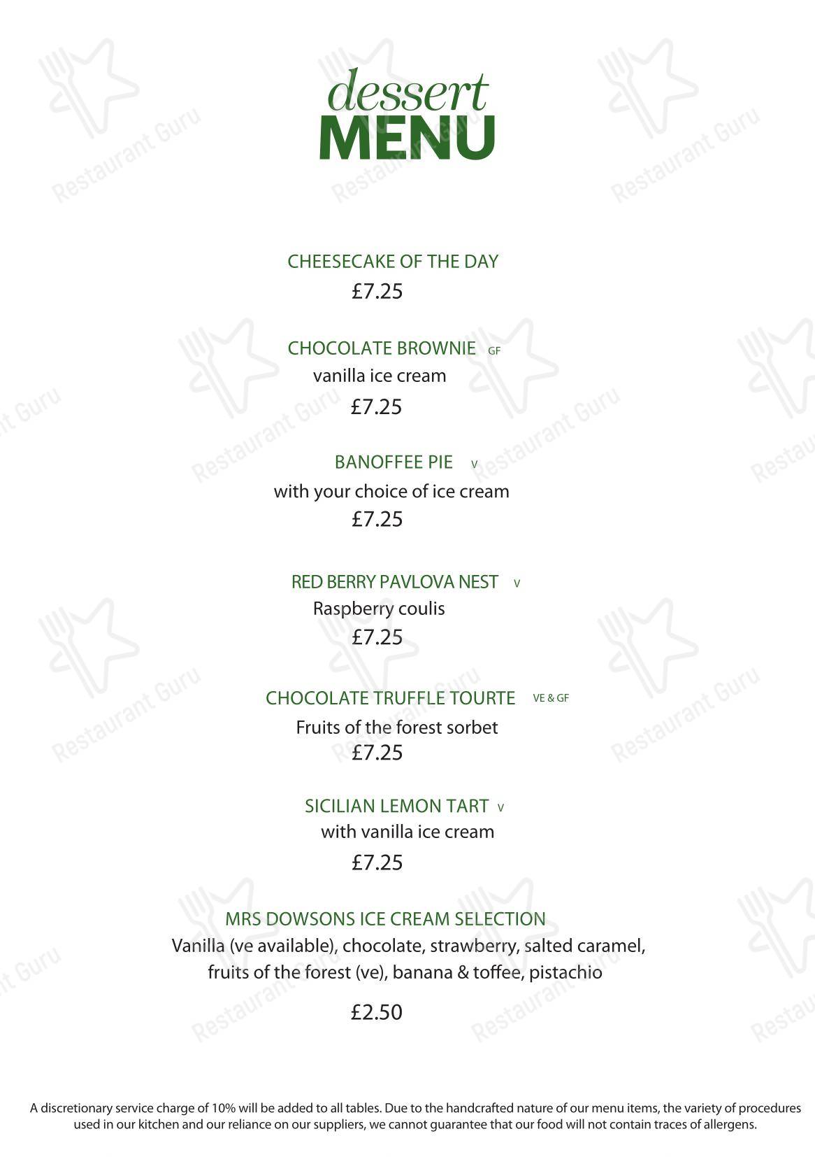 Dinner Menu ресторана Home Bar & Kitchen в Манчестере