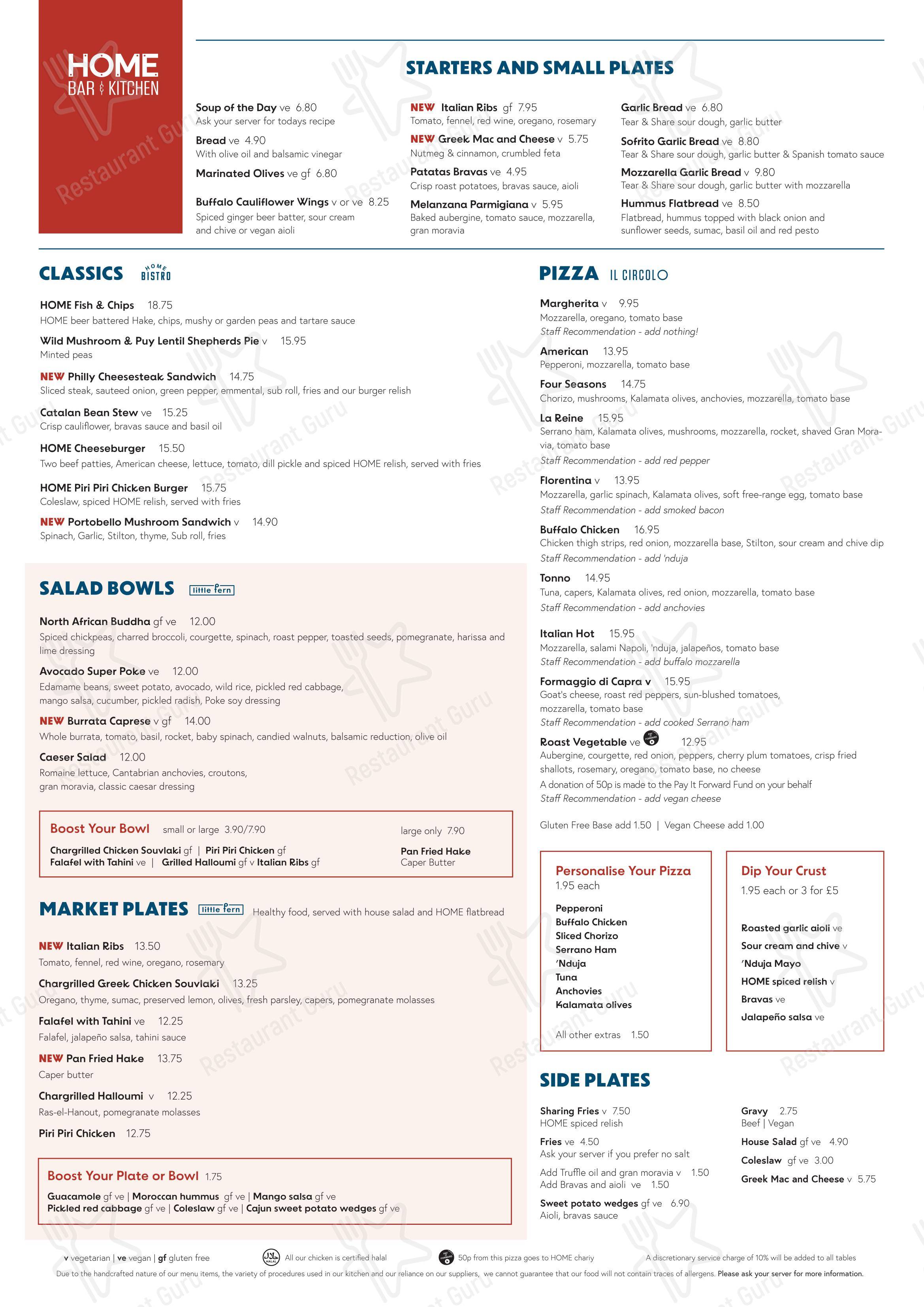 Меню ресторана Home Bar & Kitchen в Манчестере