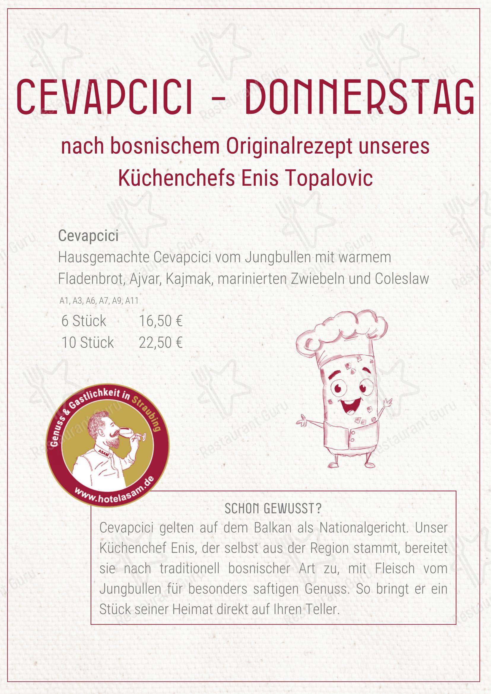 Dinner Menu паба и бара Hotel ASAM