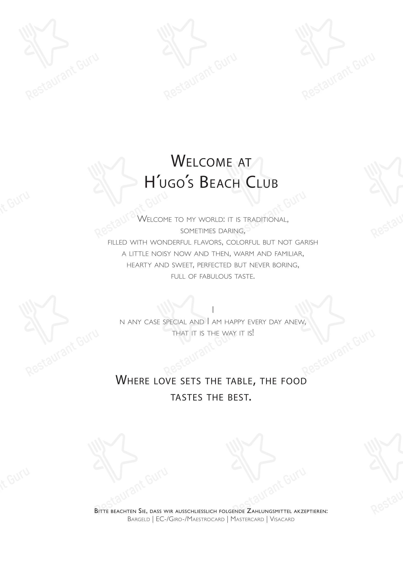 菜单 паба и бара H’ugo’s Beach Club