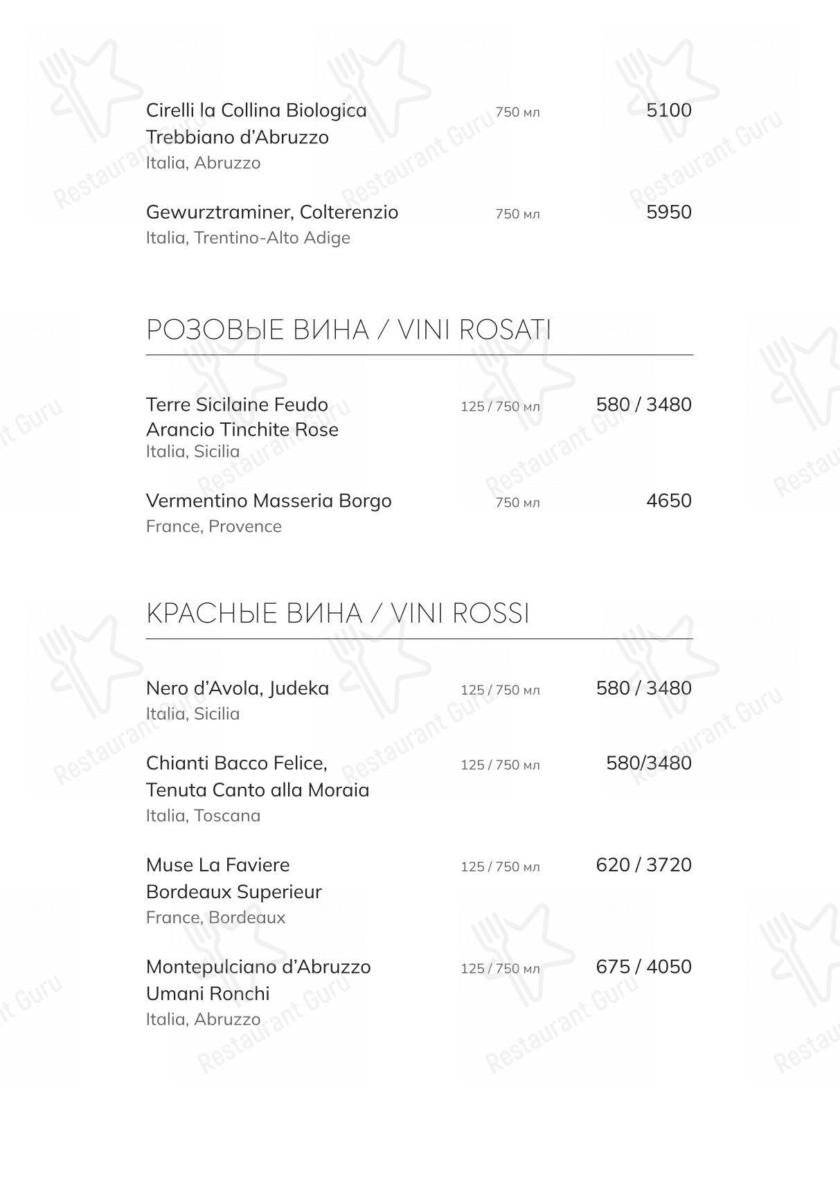 Меню ресторана Итали