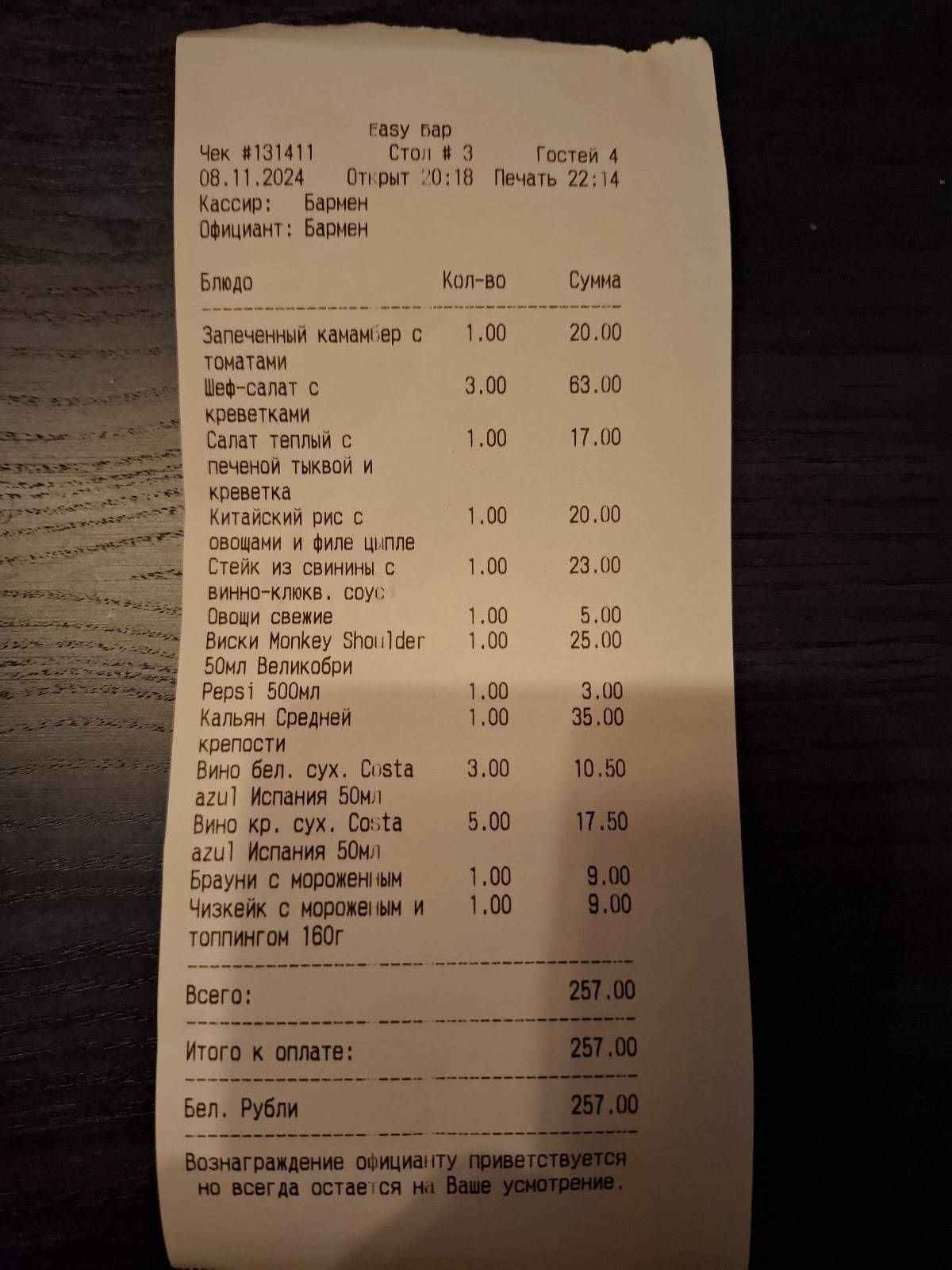 Изи бар меню