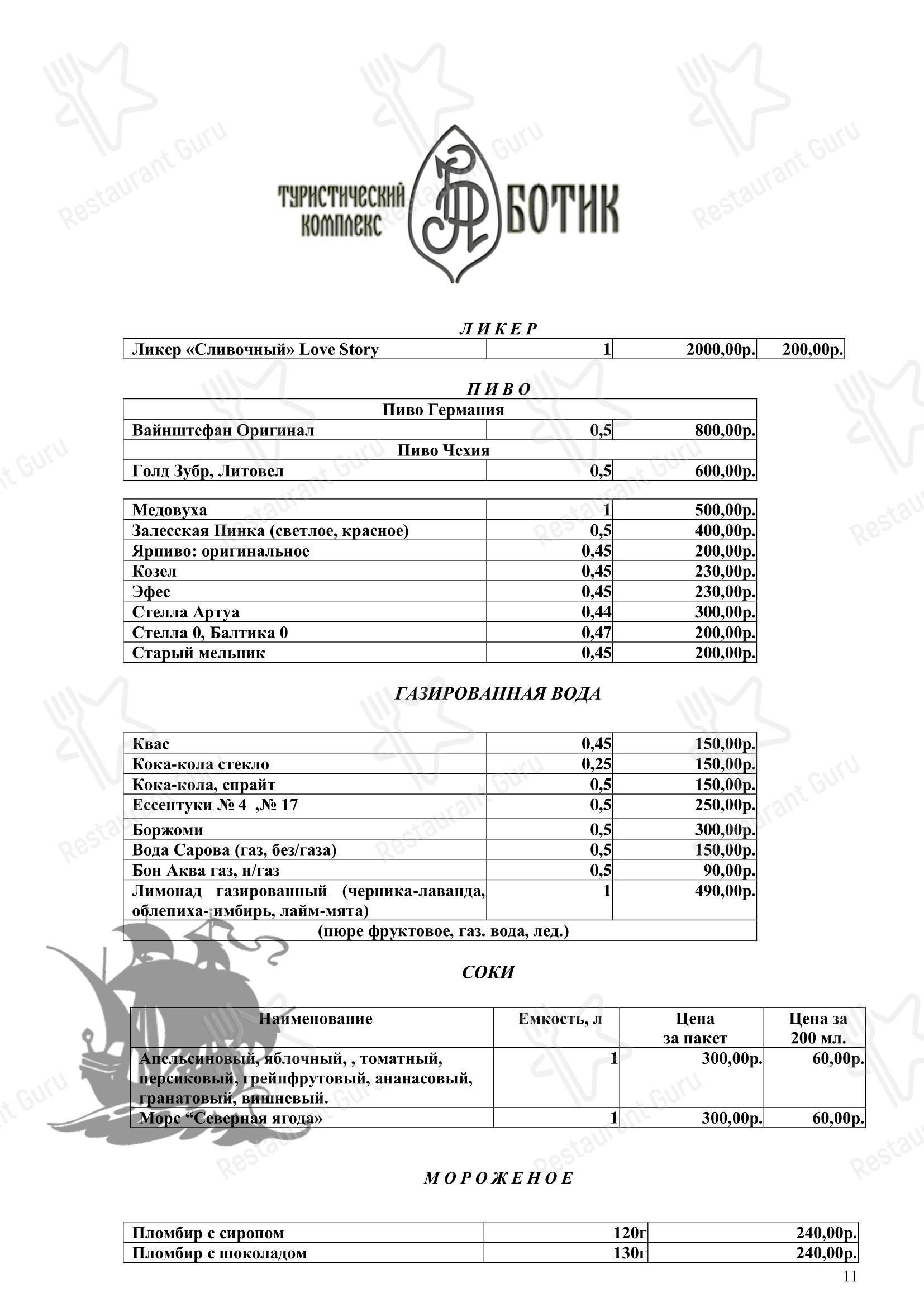 Меню кафе Ботик - Меню