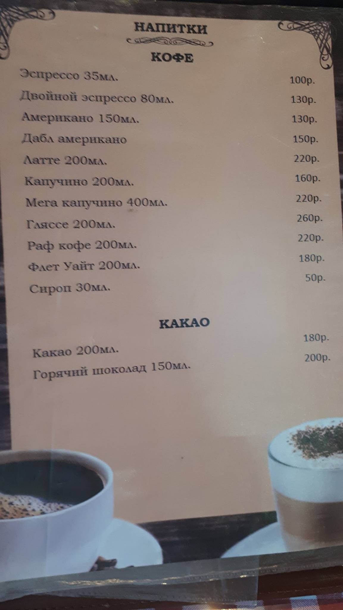 Кафе меню