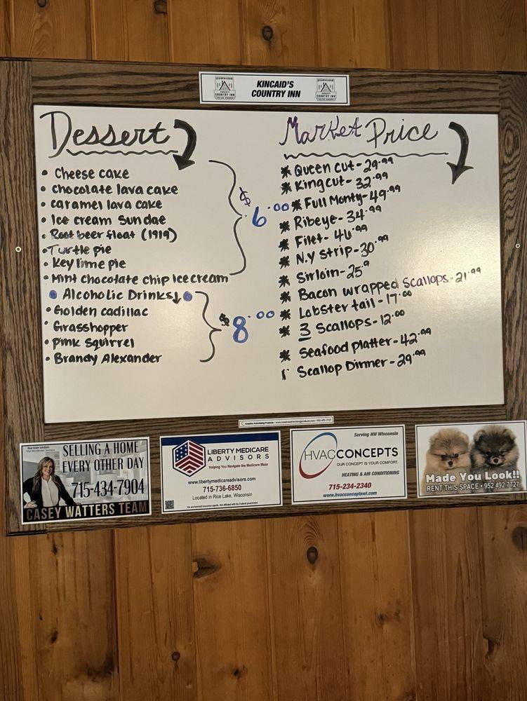 Kincaid’s Country Inn меню