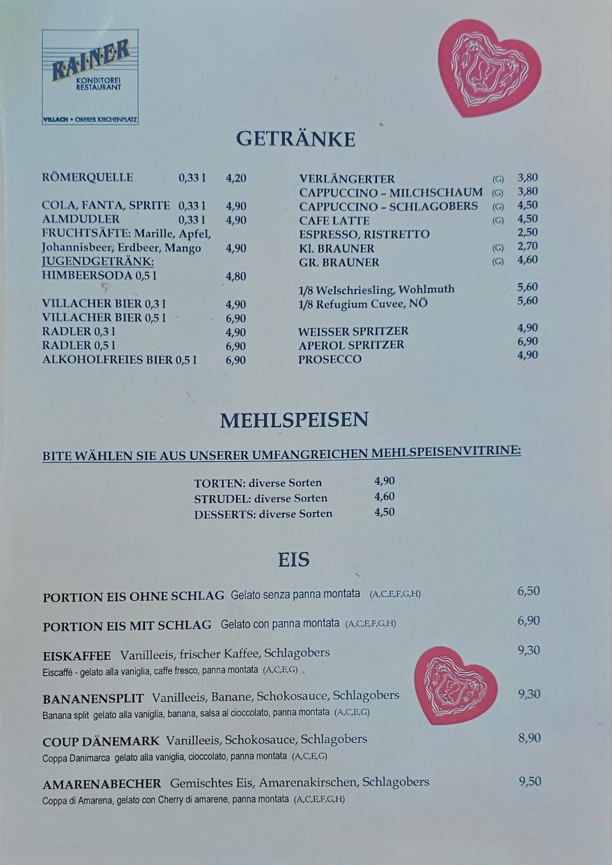 Konditorei Restaurant Rainer меню