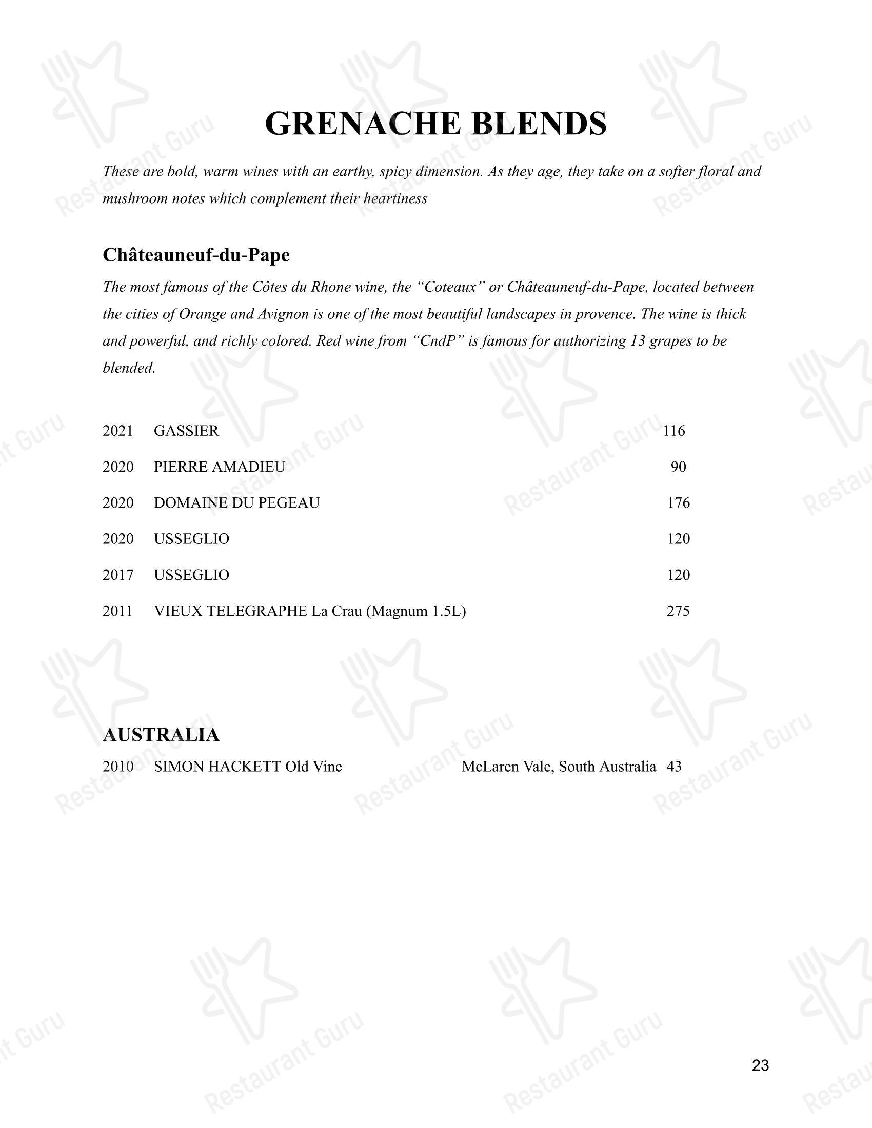 Меню паба и бара L'Etoile Restaurant