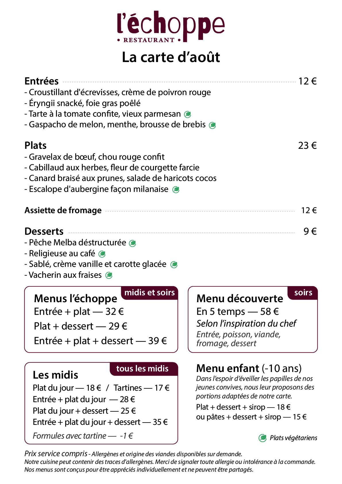 L'échoppe меню
