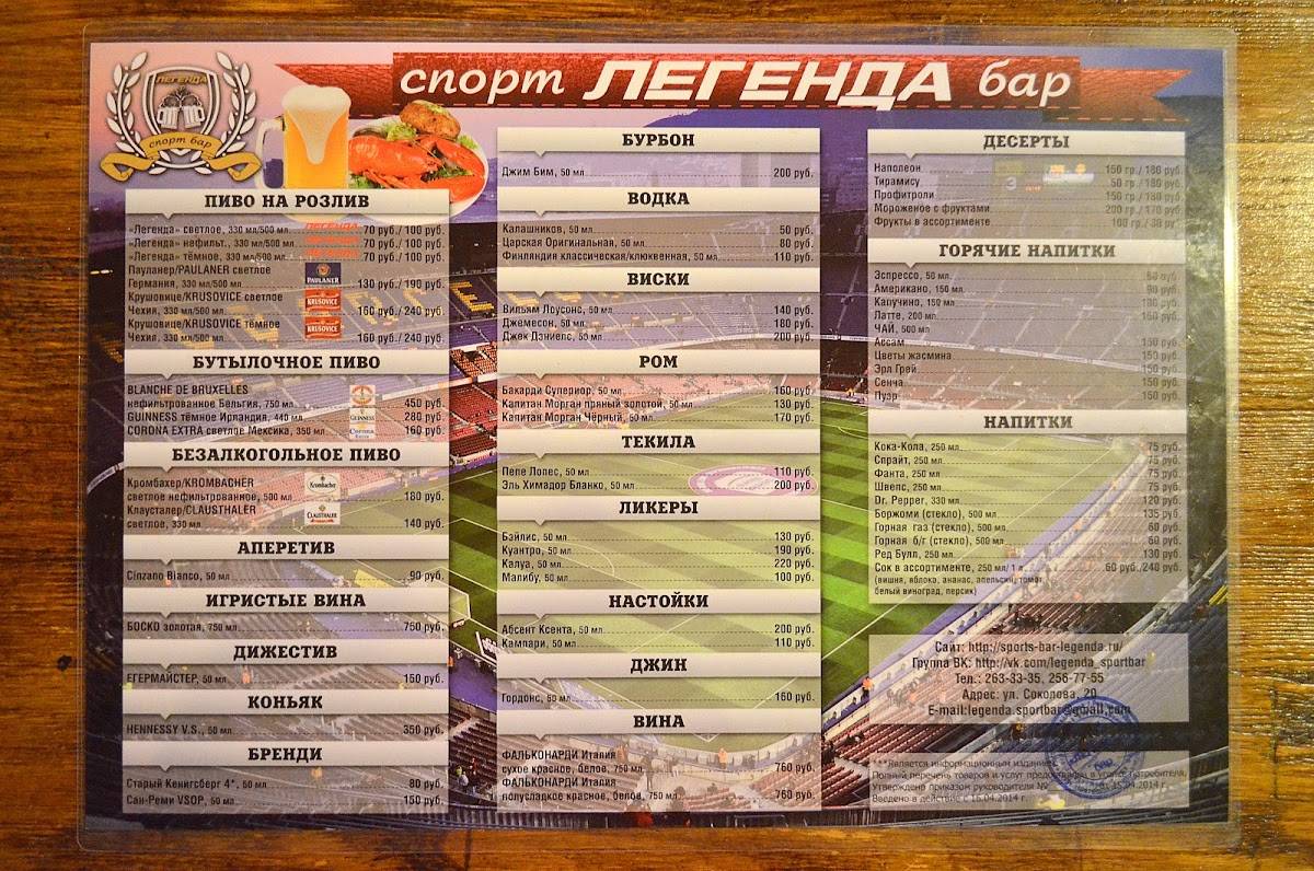 Легенда меню