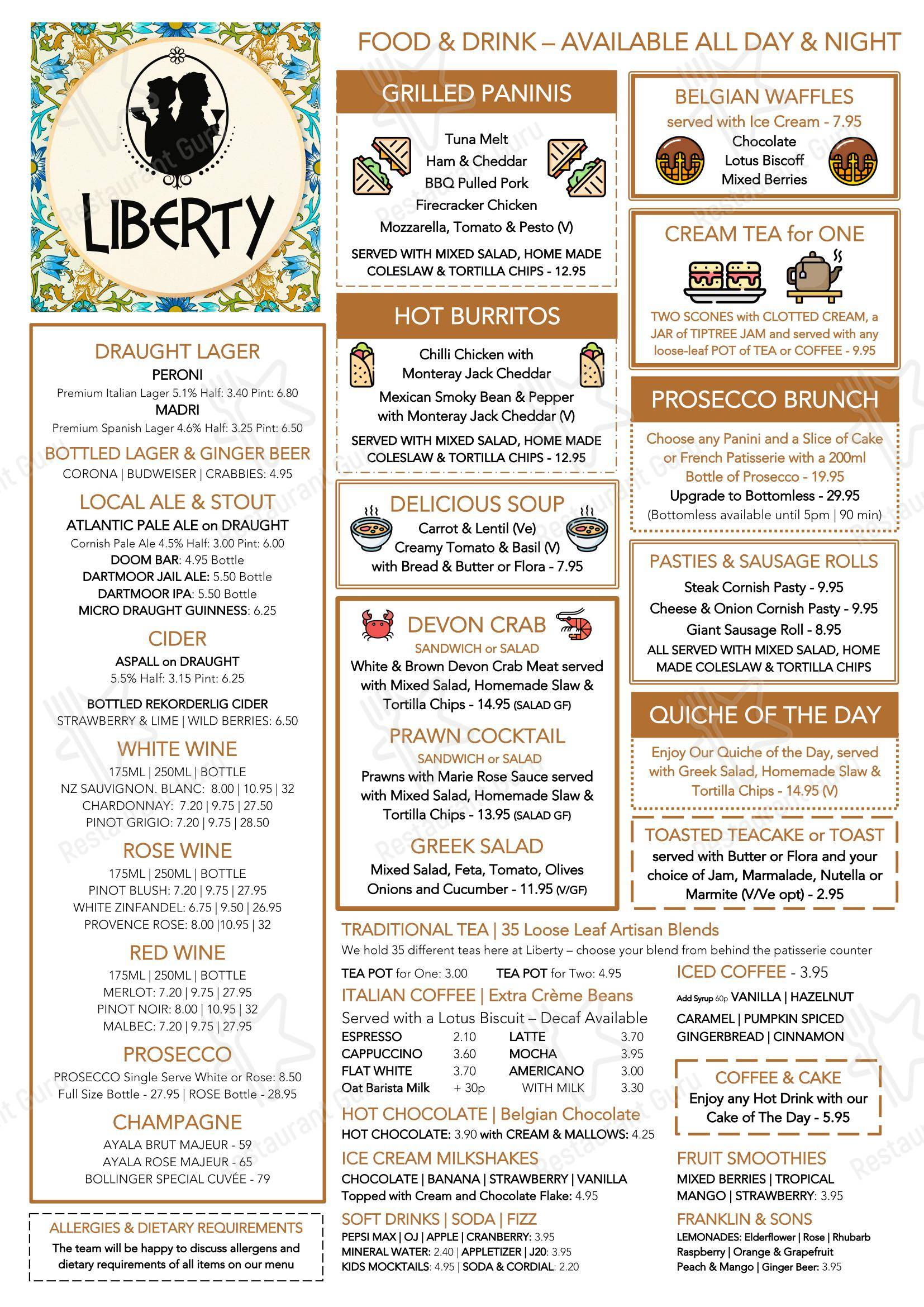 Меню паба и бара Liberty Brixham - Меню напитков