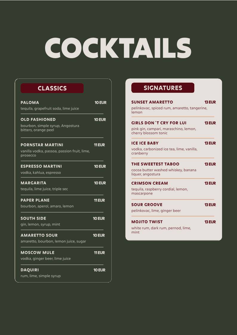 Lui Restaurant меню