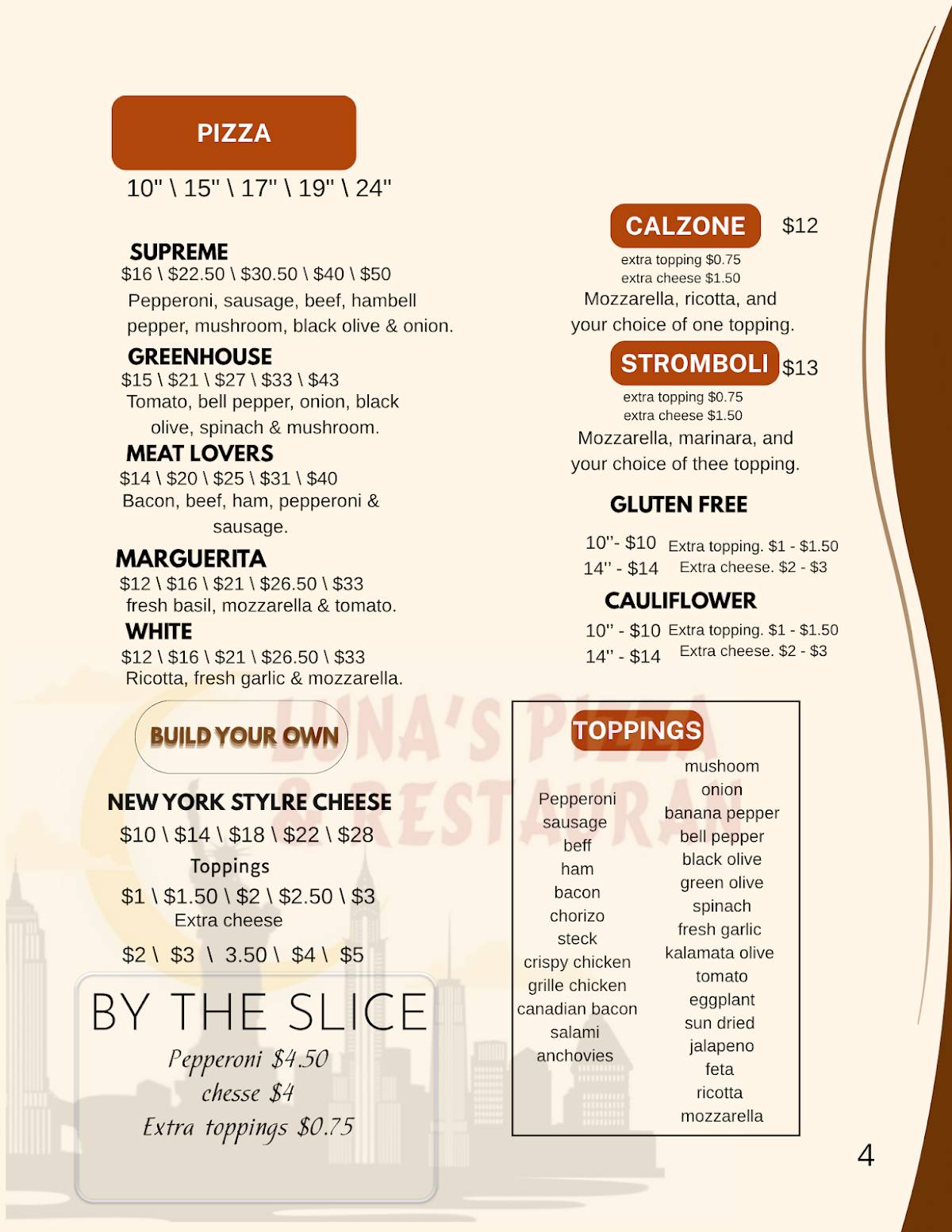 Luna's Pizza & Restaurant меню