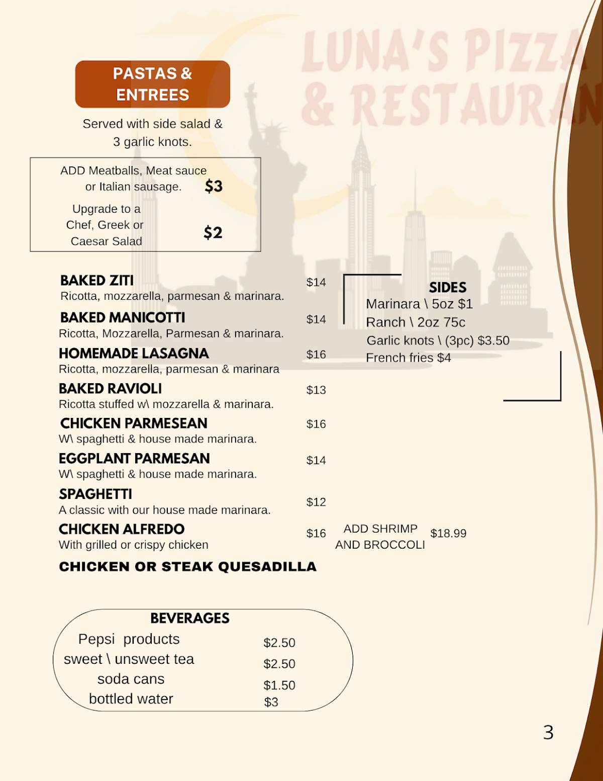 Luna's Pizza & Restaurant меню