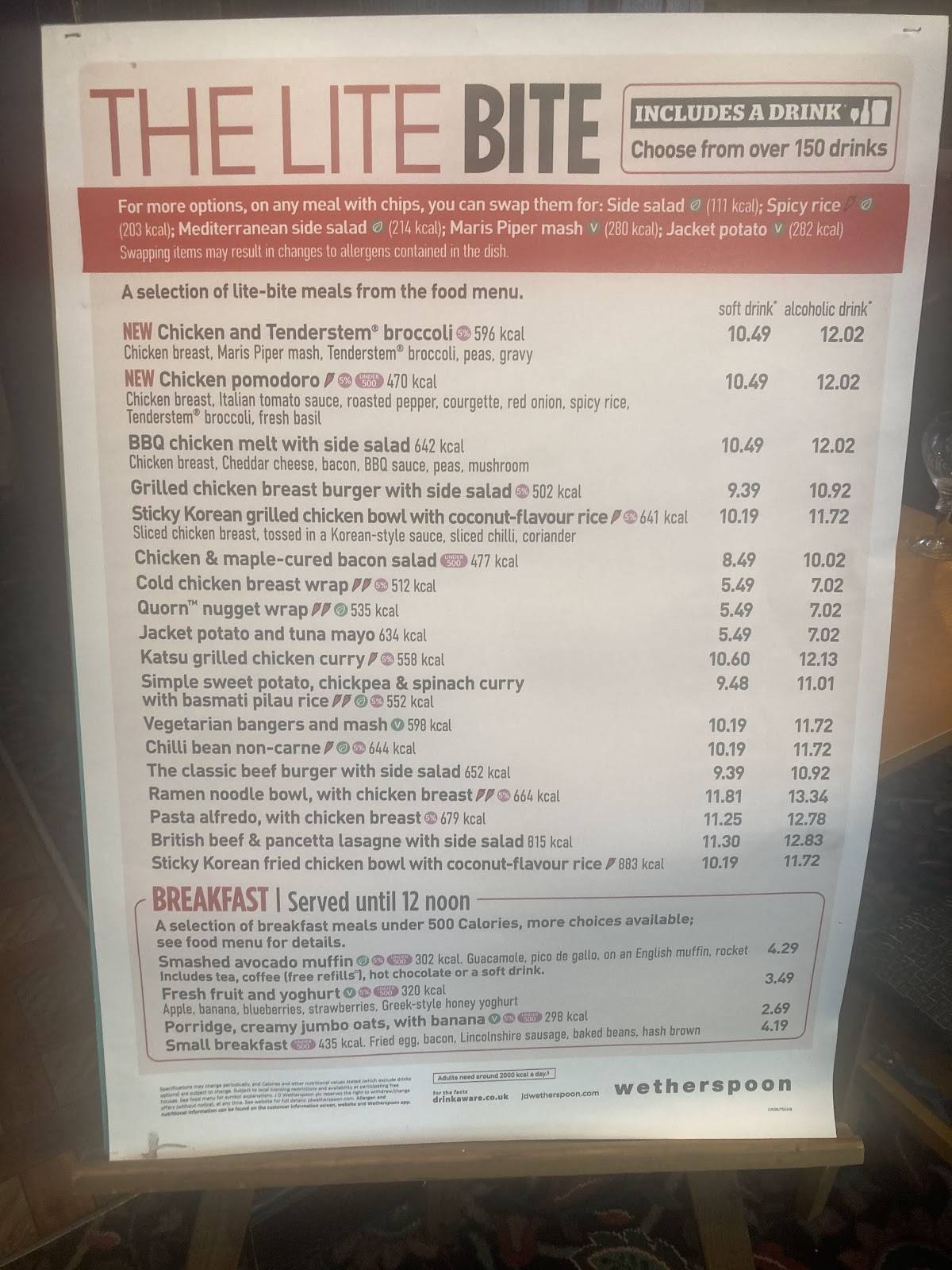 Wetherspoons меню