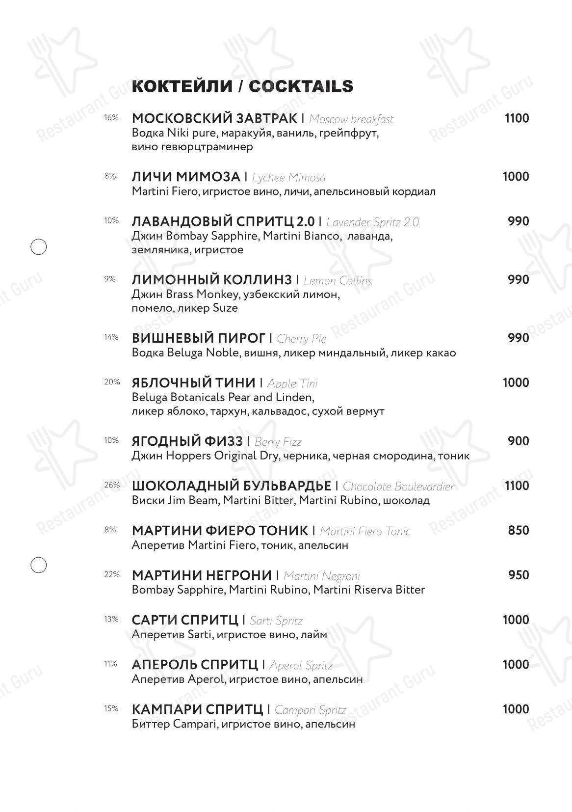 Ночное меню ресторана Margarita Bistro