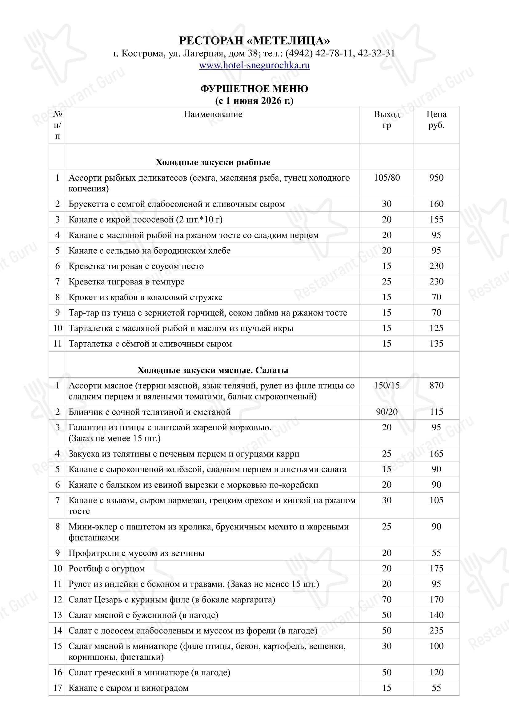 Коктейльная карта ресторана Метелица в Костроме