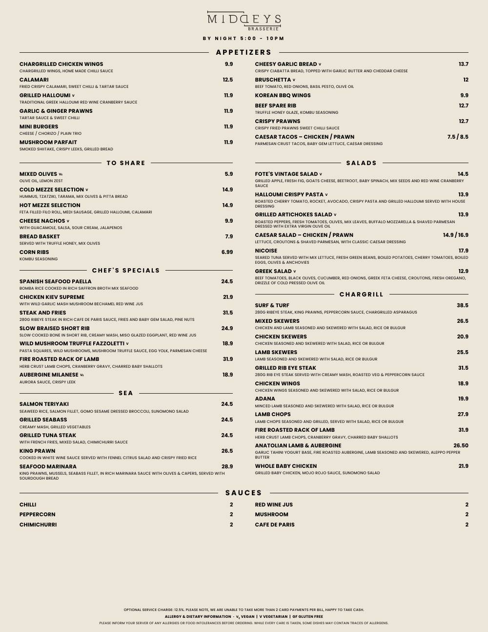 Middeys Brasserie меню