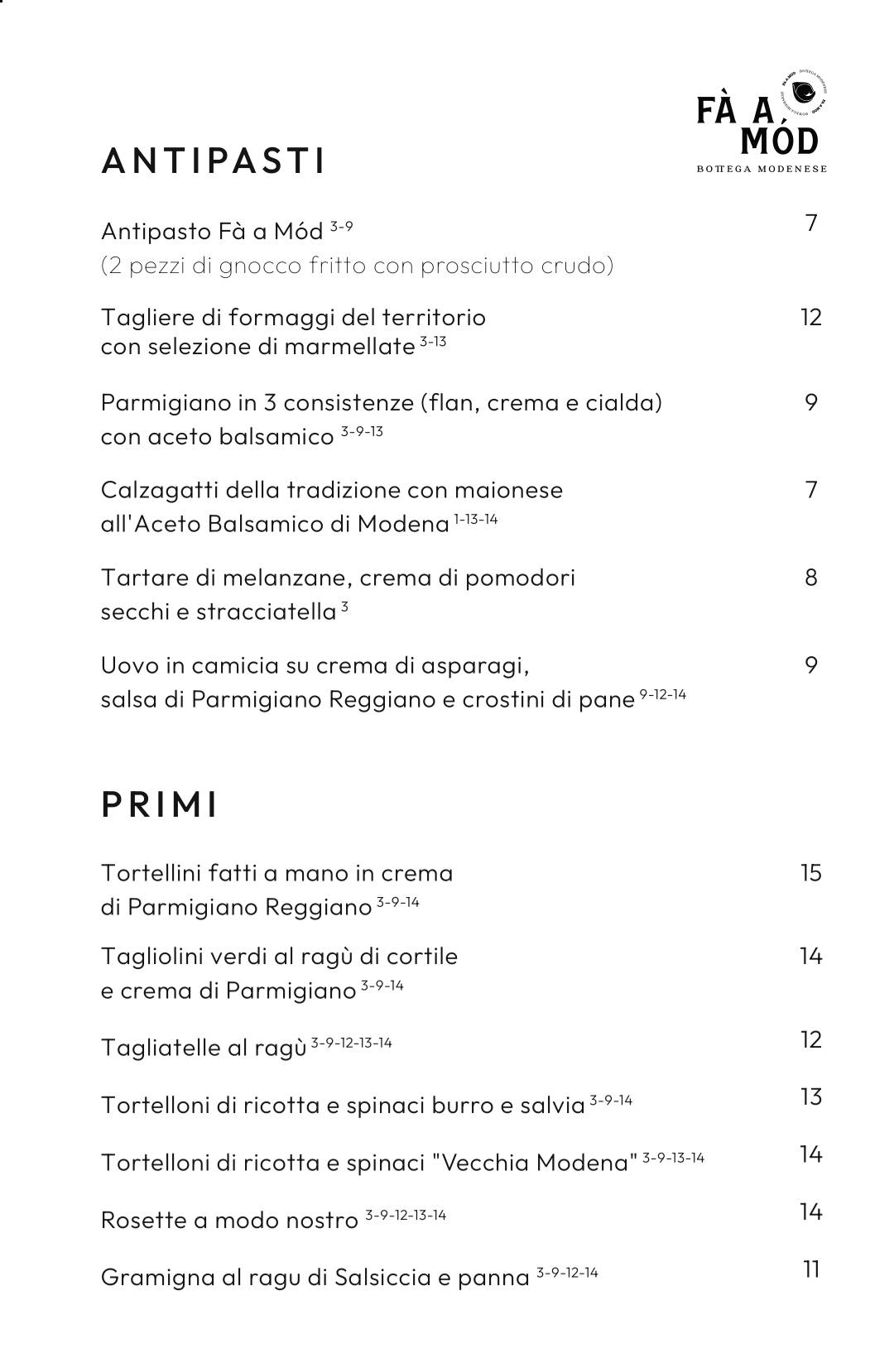Ristorante Fà a Mód меню