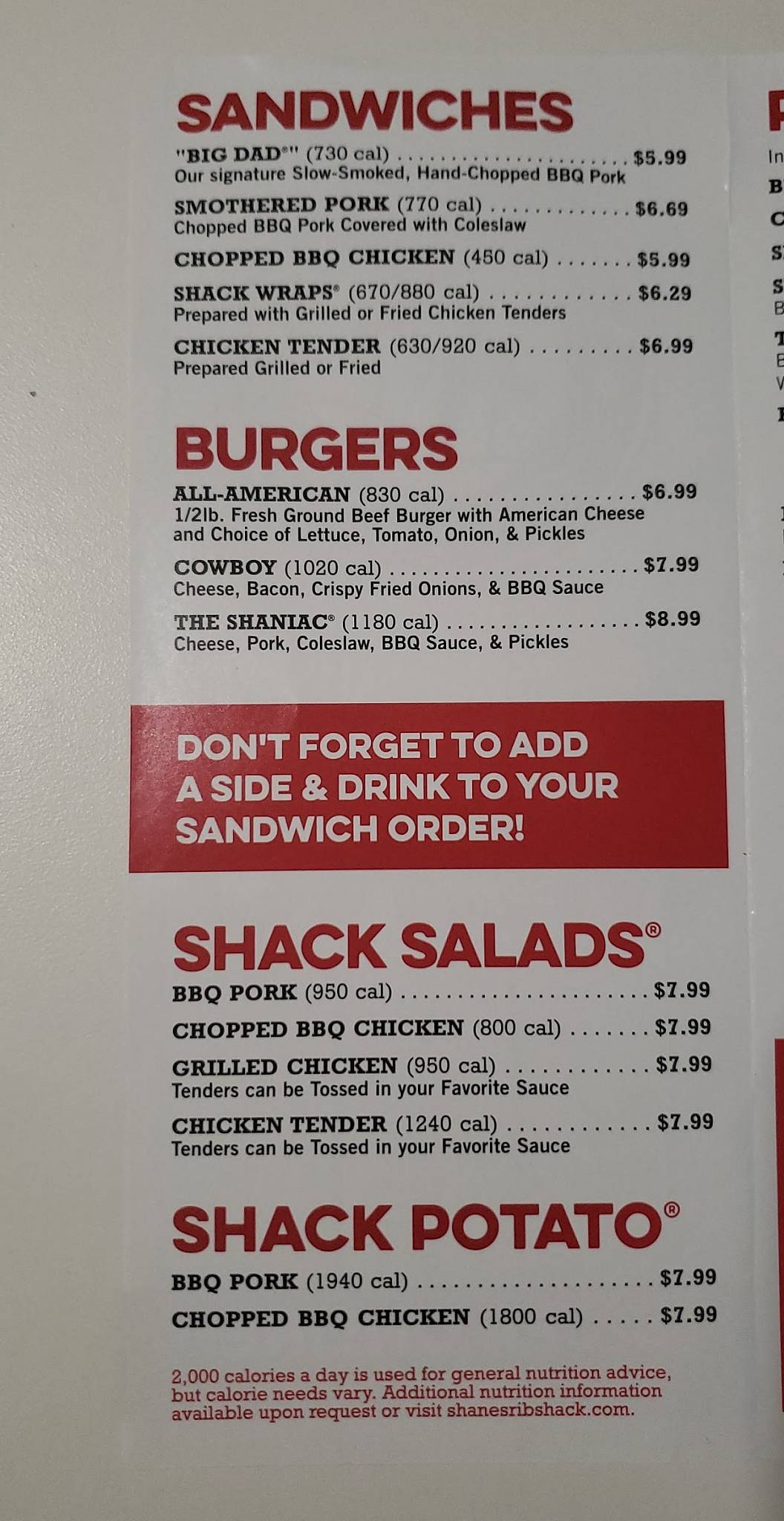 Shane's Rib Shack меню