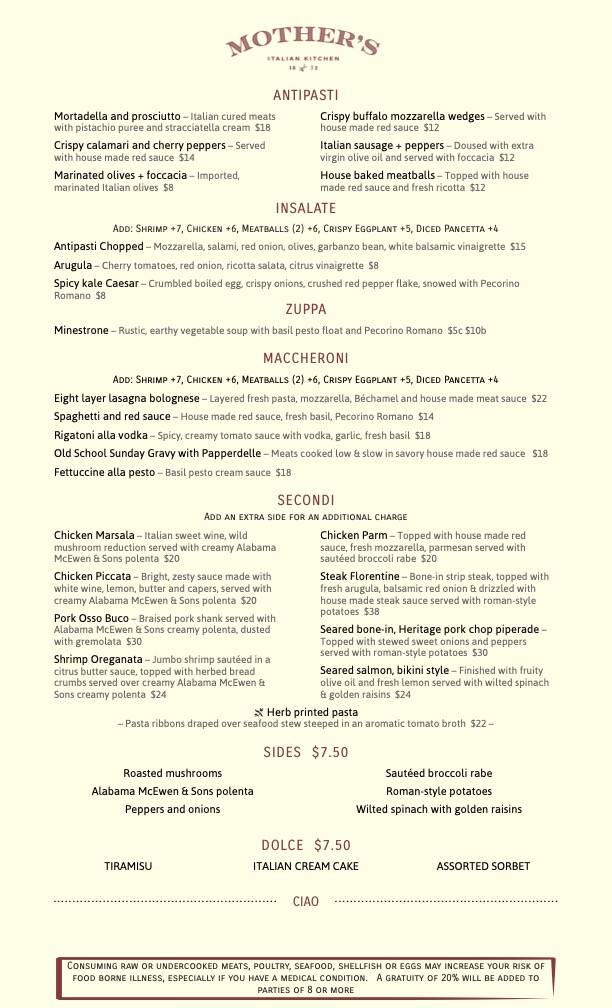 Mother's Italian Kitchen меню