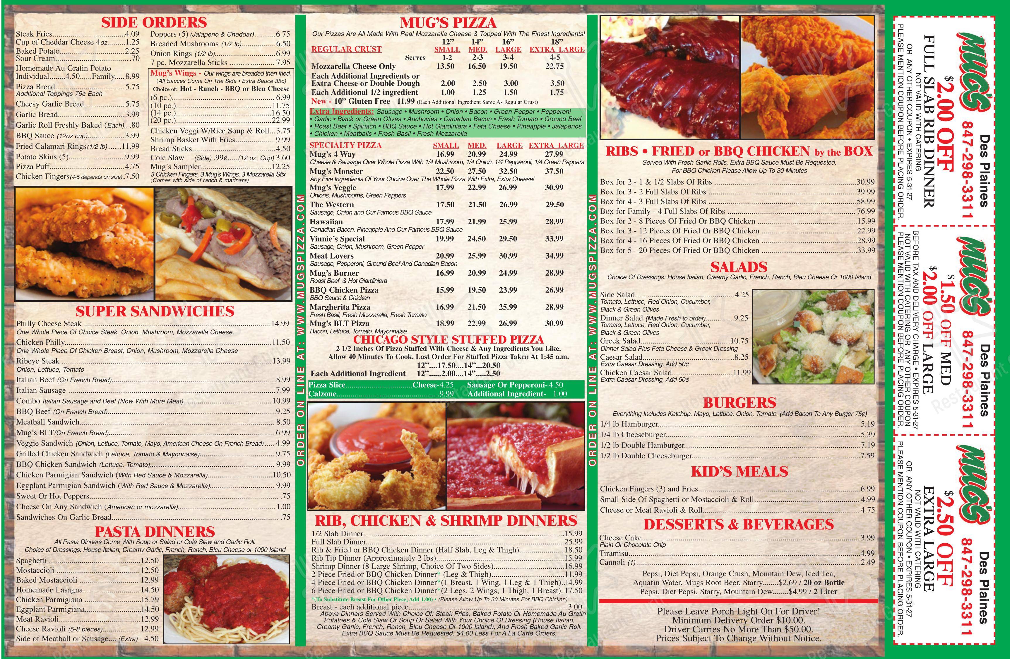 Меню напитков барбекю Mugs Pizza and Ribs в Десе-Плейнсе