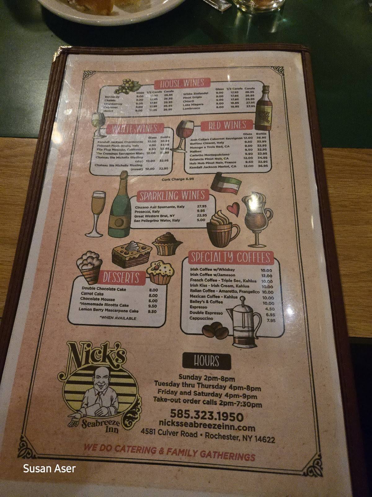 Nick's Sea Breeze Inn italian restaurant меню