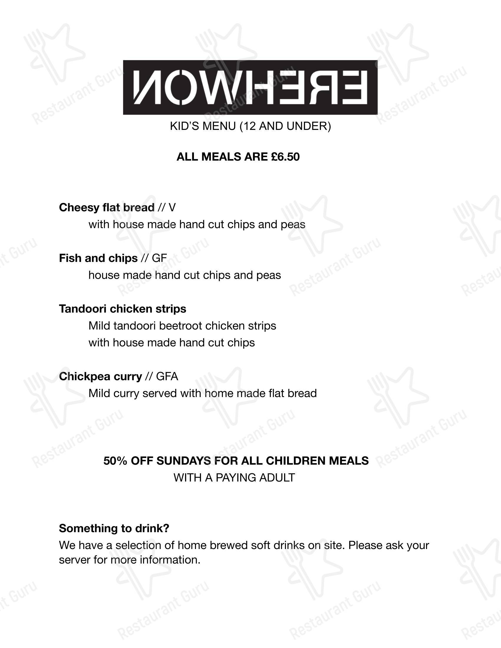 Основное меню ресторана Nowhere Kitchen and Brewery