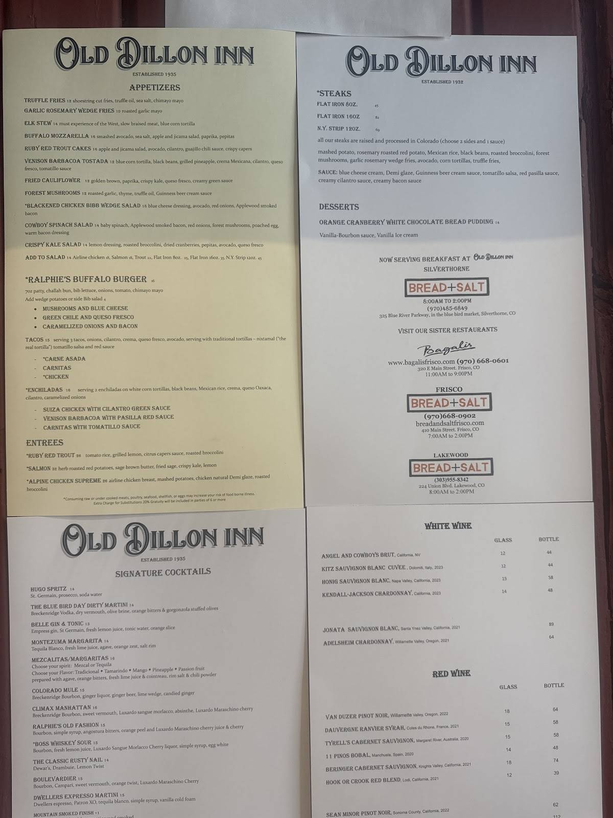 ODI "Old Dillon Inn" меню