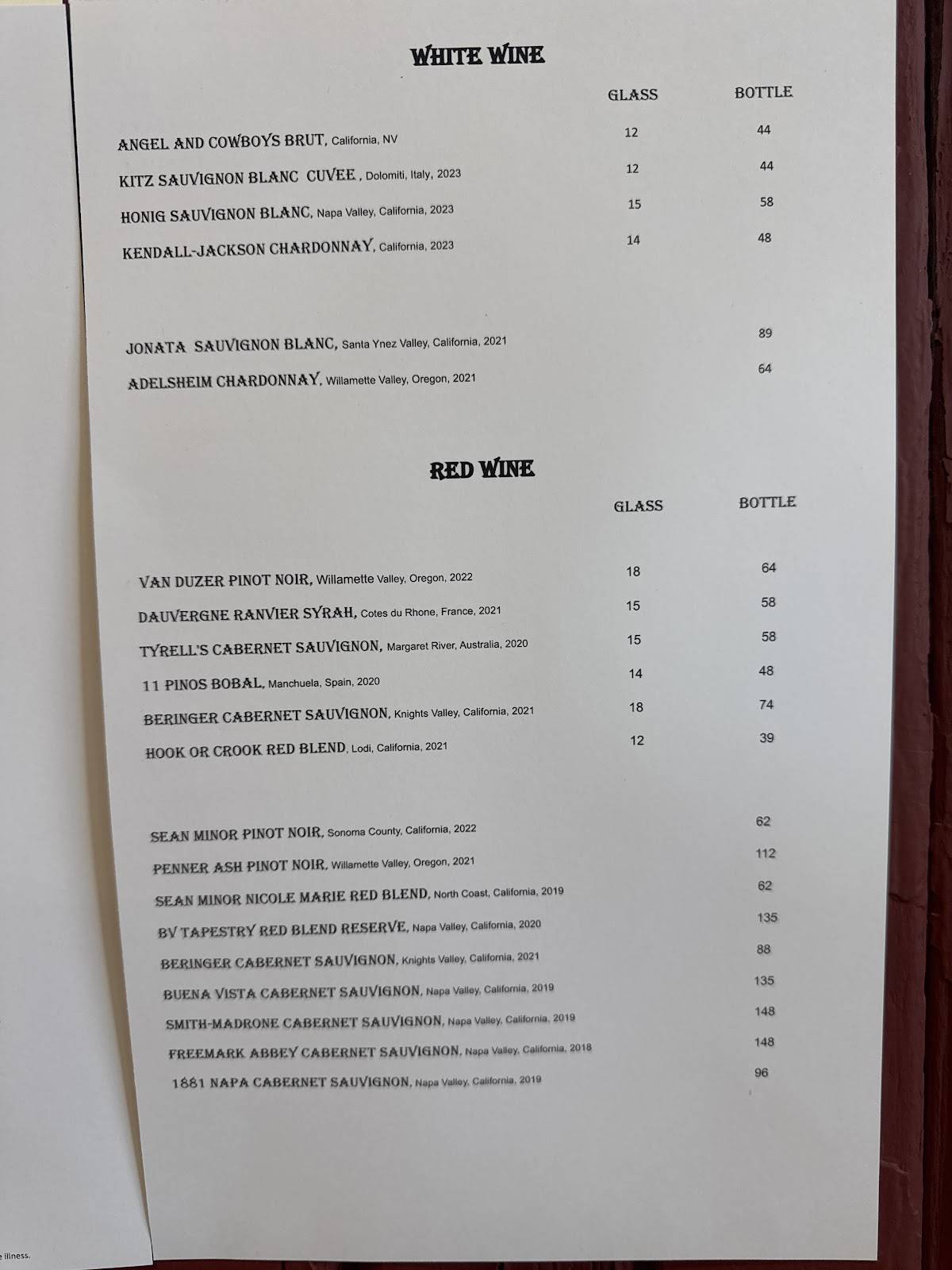ODI "Old Dillon Inn" меню