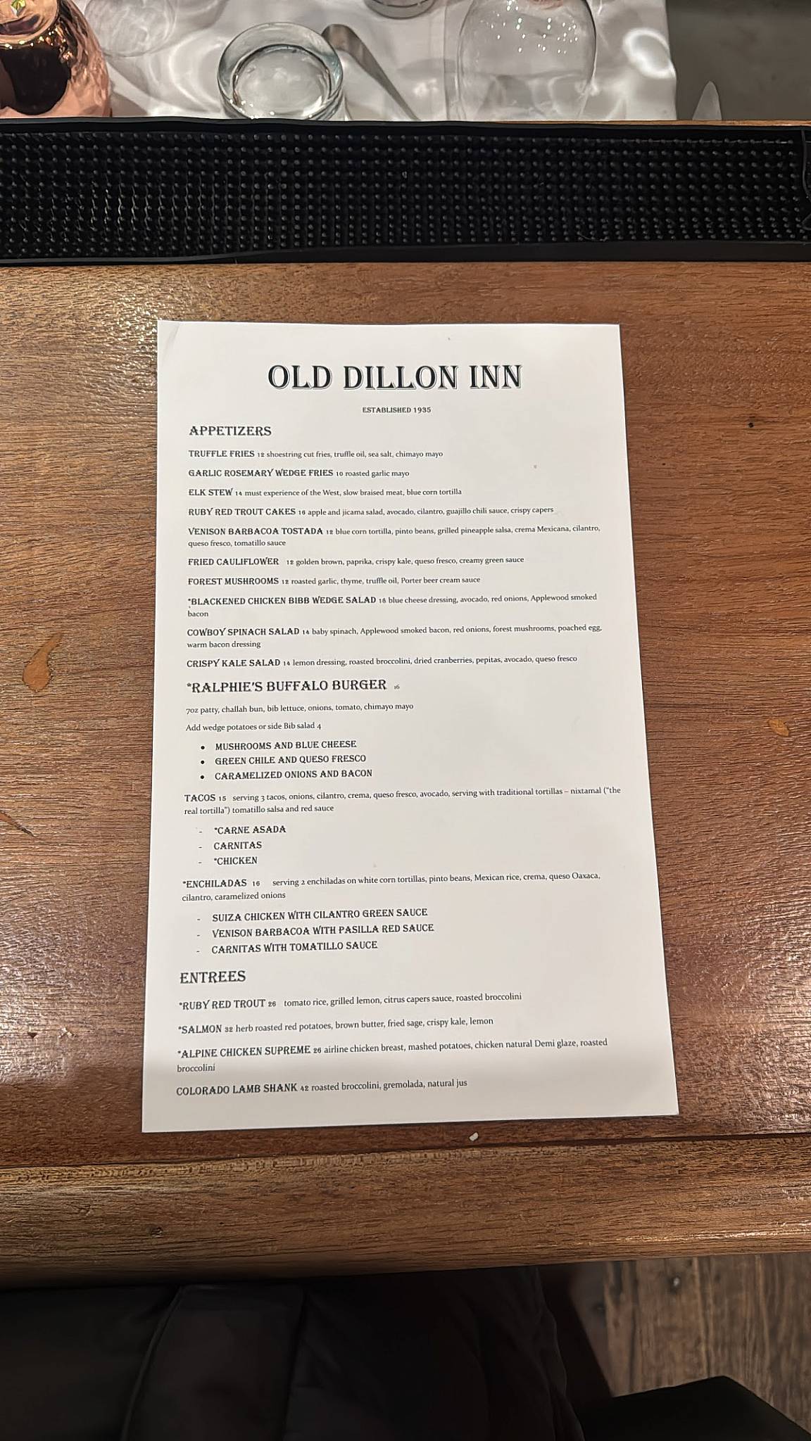 ODI "Old Dillon Inn" меню