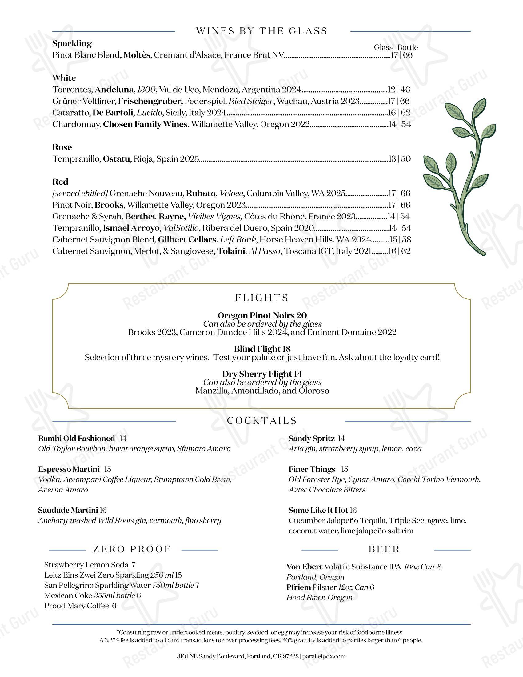Restaurant Menu паба и бара Parallel Restaurant & Wine Bar