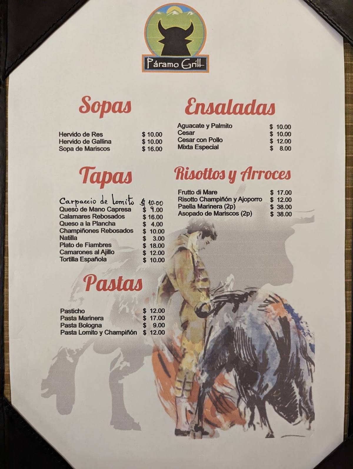 Páramo Grill меню