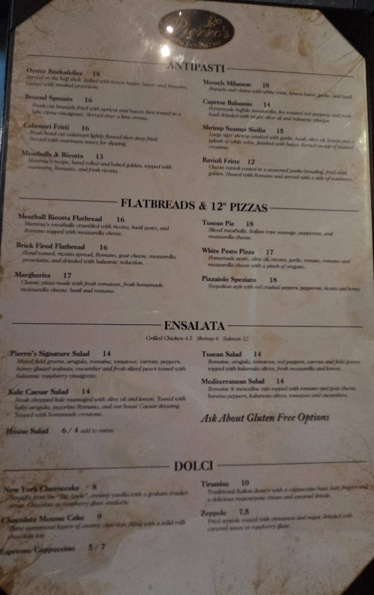 Pierro's меню