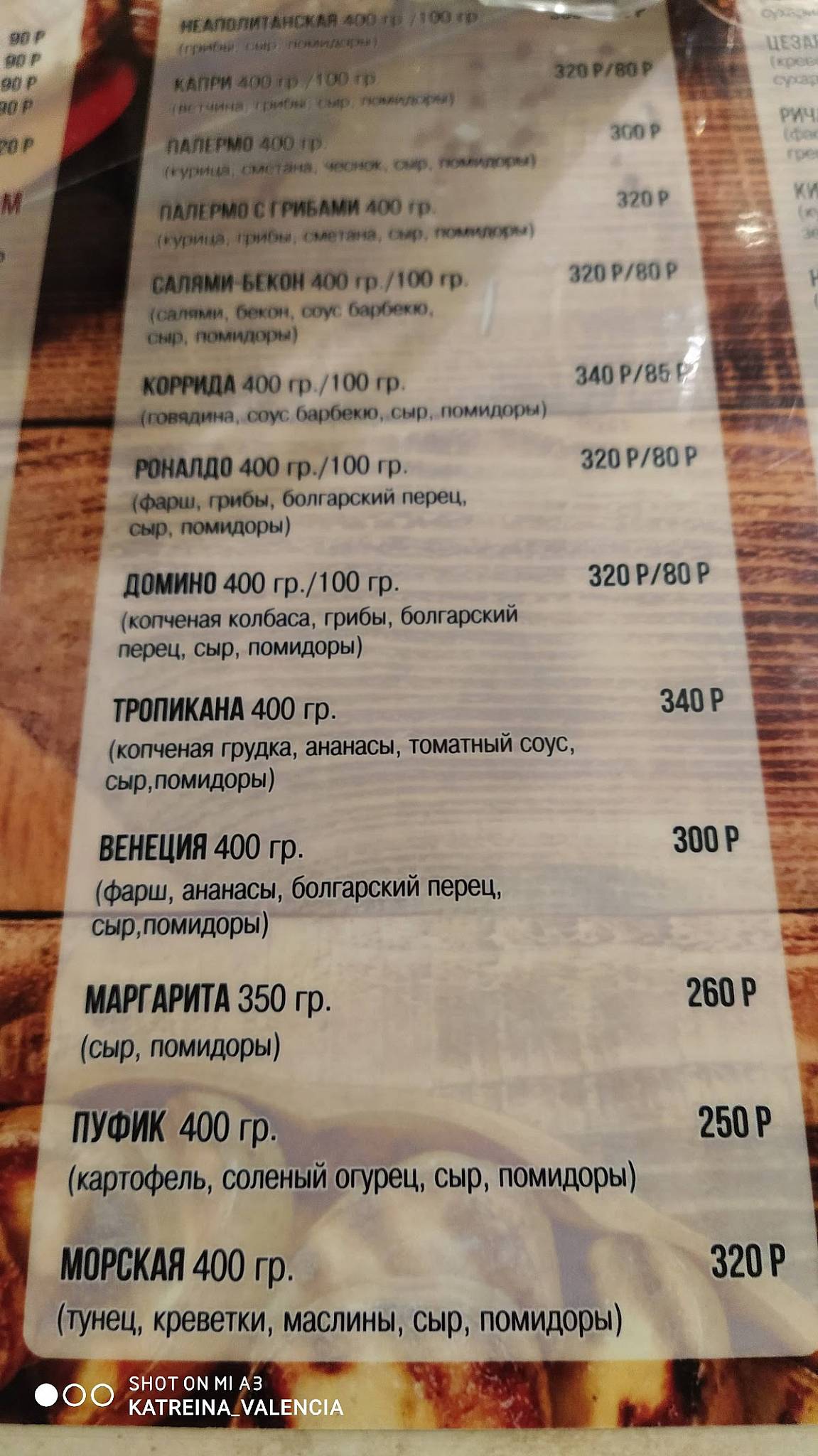 Пицца меню