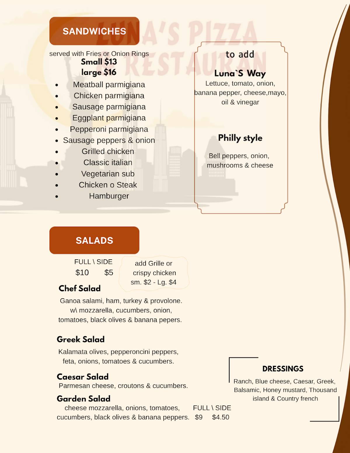 Luna's Pizza & Restaurant меню