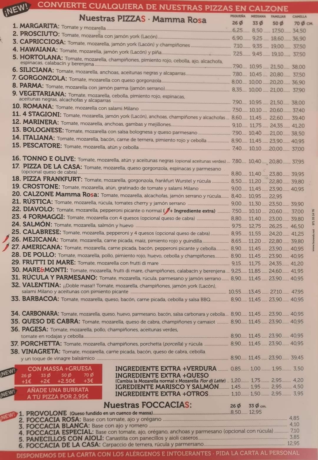 Pizzeria Mamma Rosa Manacor меню