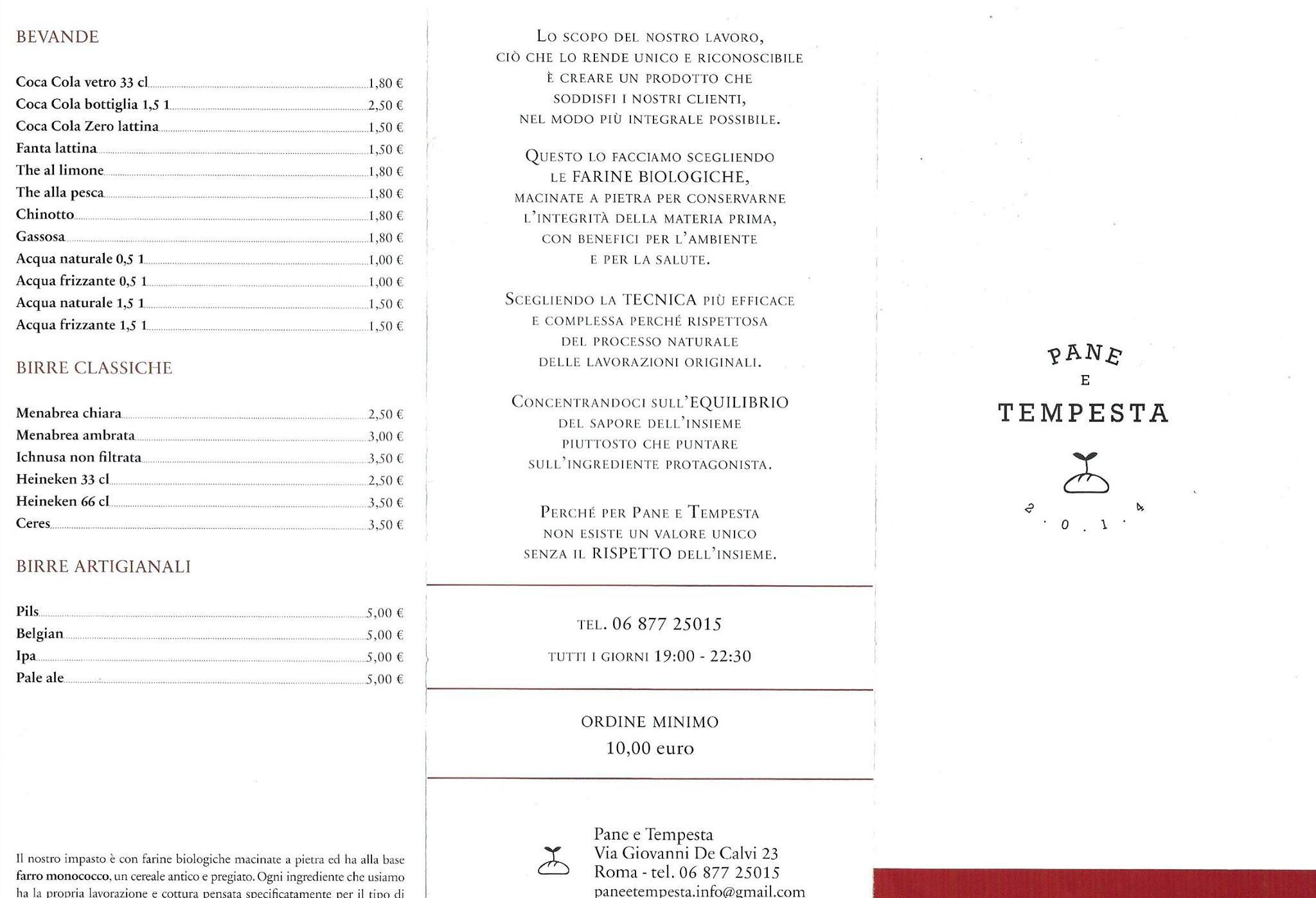 Pane e Tempesta меню