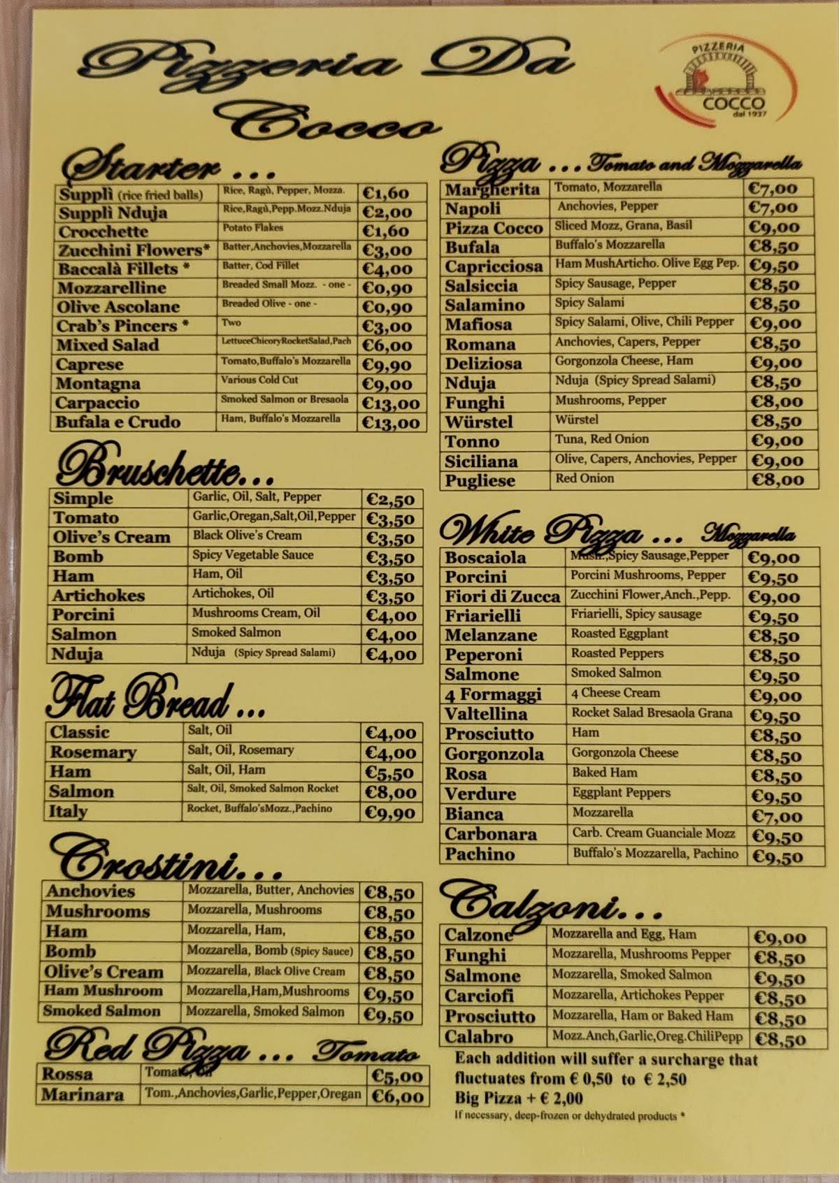 Pizzeria Da Cocco меню