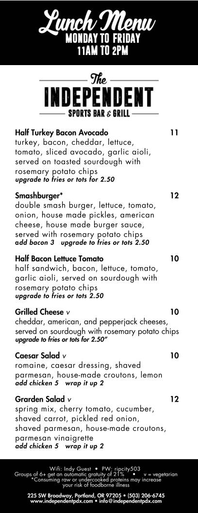The Independent Sports Bar & Grill меню