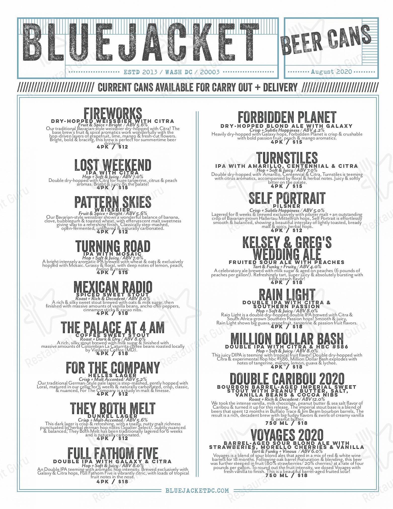 Food and Drinks menu паба и бара Bluejacket