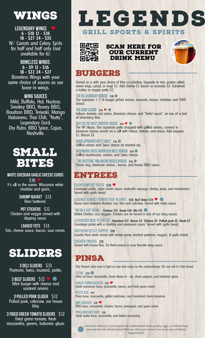Legends Grill Sports & Spirits меню