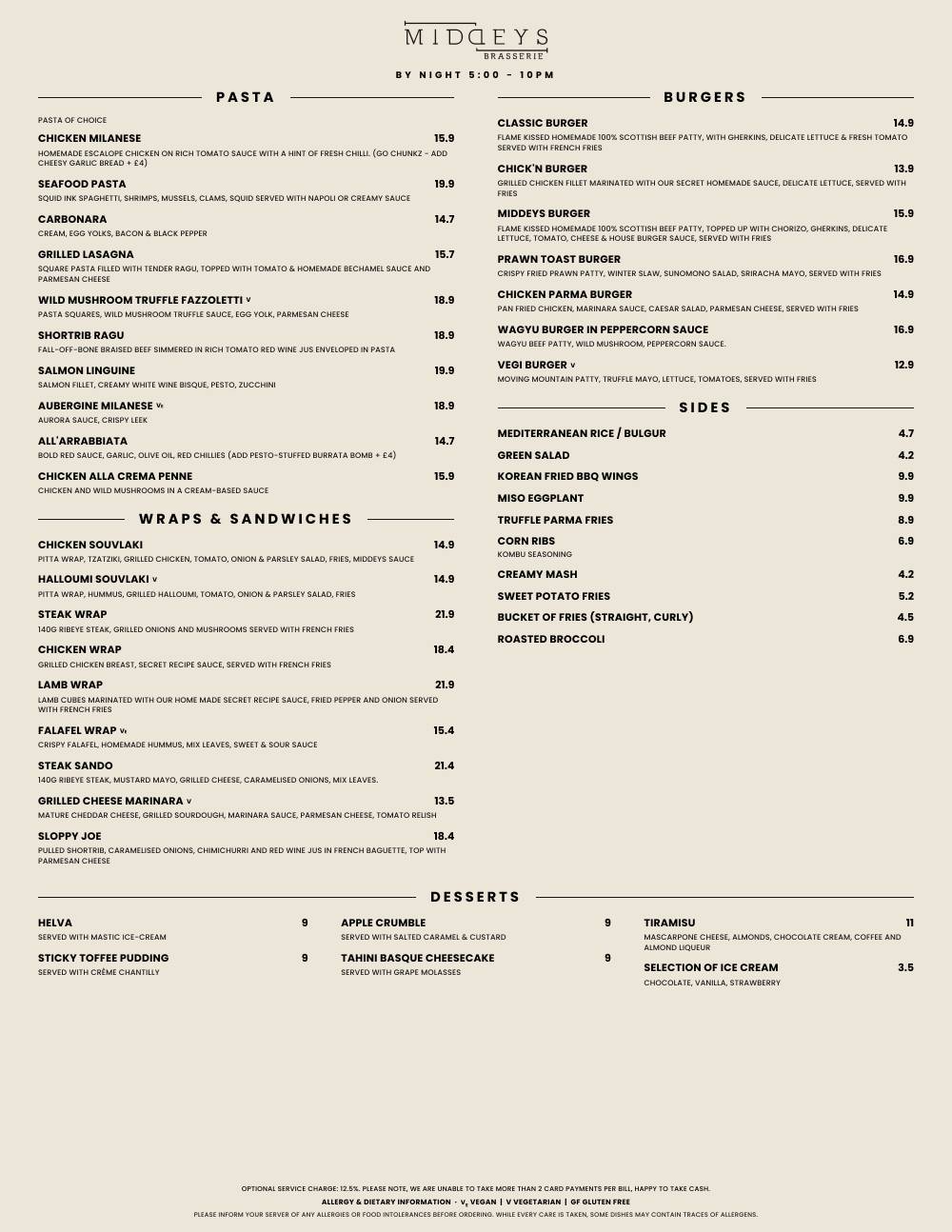 Middeys Brasserie меню