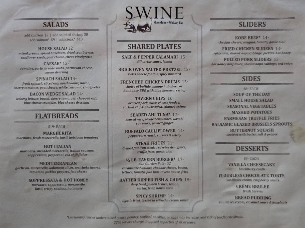 Swine Restaurant, Moonshine & Whiskey Bar меню