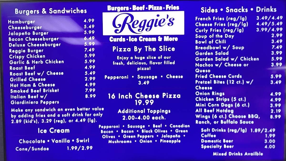 Reggie's меню