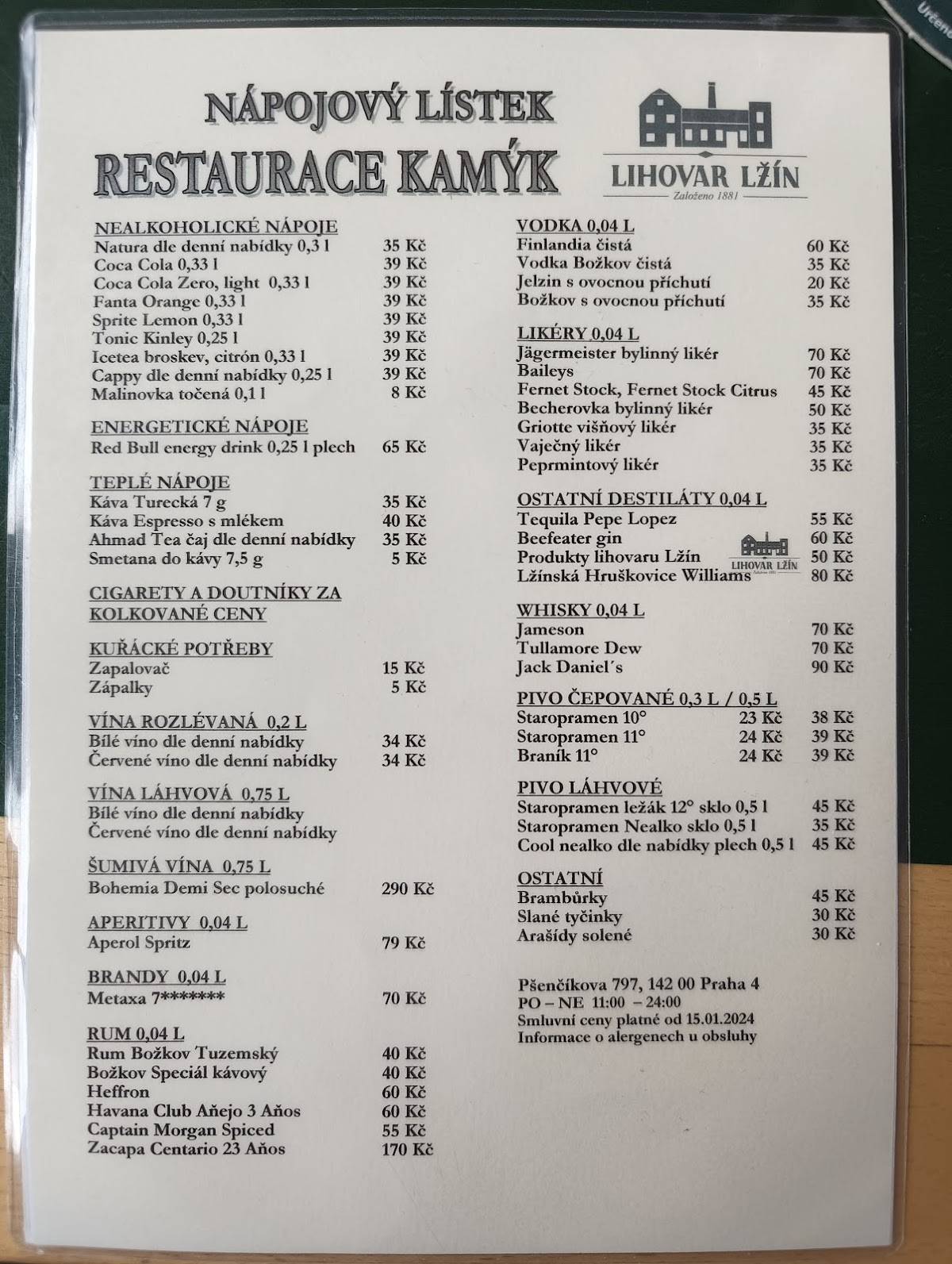 Restaurace Kamýk меню