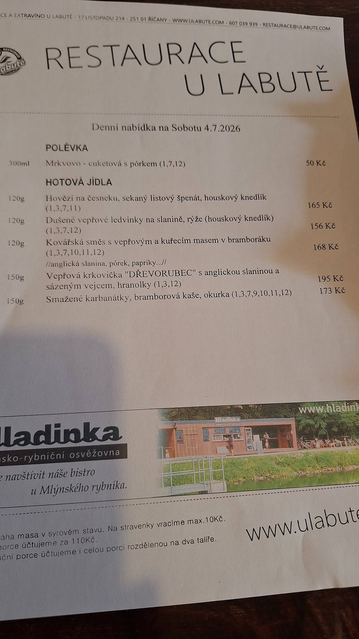 Restaurace U labutě меню