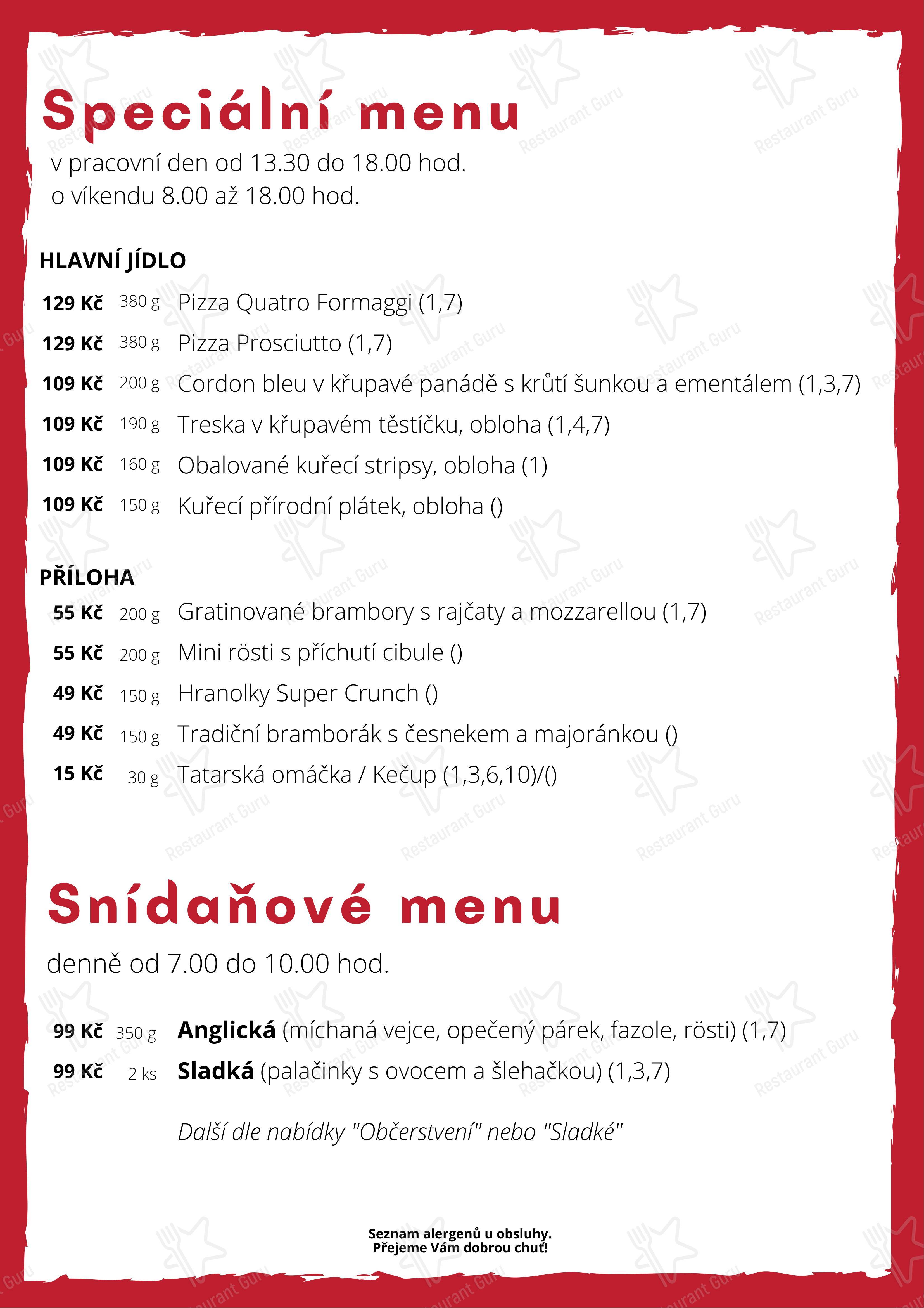 Меню ресторана Bistro ČS Rudíkov в Rudíkově