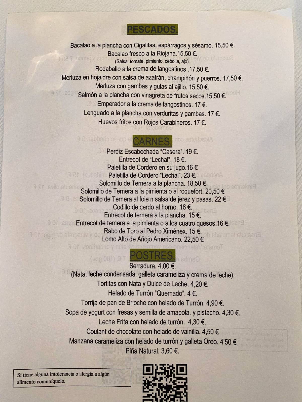 Restaurante Castillo меню